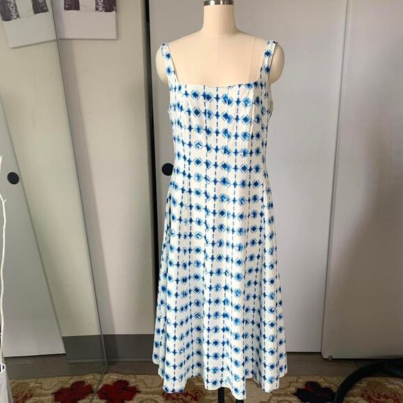 Christian Lacroix linen blend Dress vintage blue white sz L - Picture 2 of 9